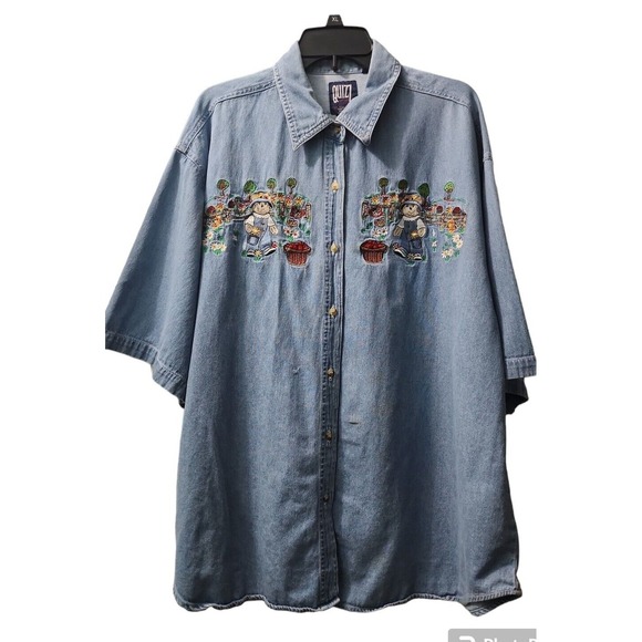 Quiz Denim Embroidered‎ Teddy Bear Shirt Dress Button Down XL - Picture 1 of 6